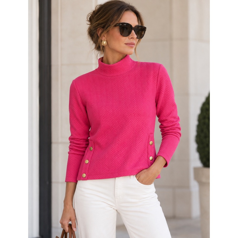 Pink Gold Button Mock Neck Top Preppy Palm Beach Country Club Quiet Luxury